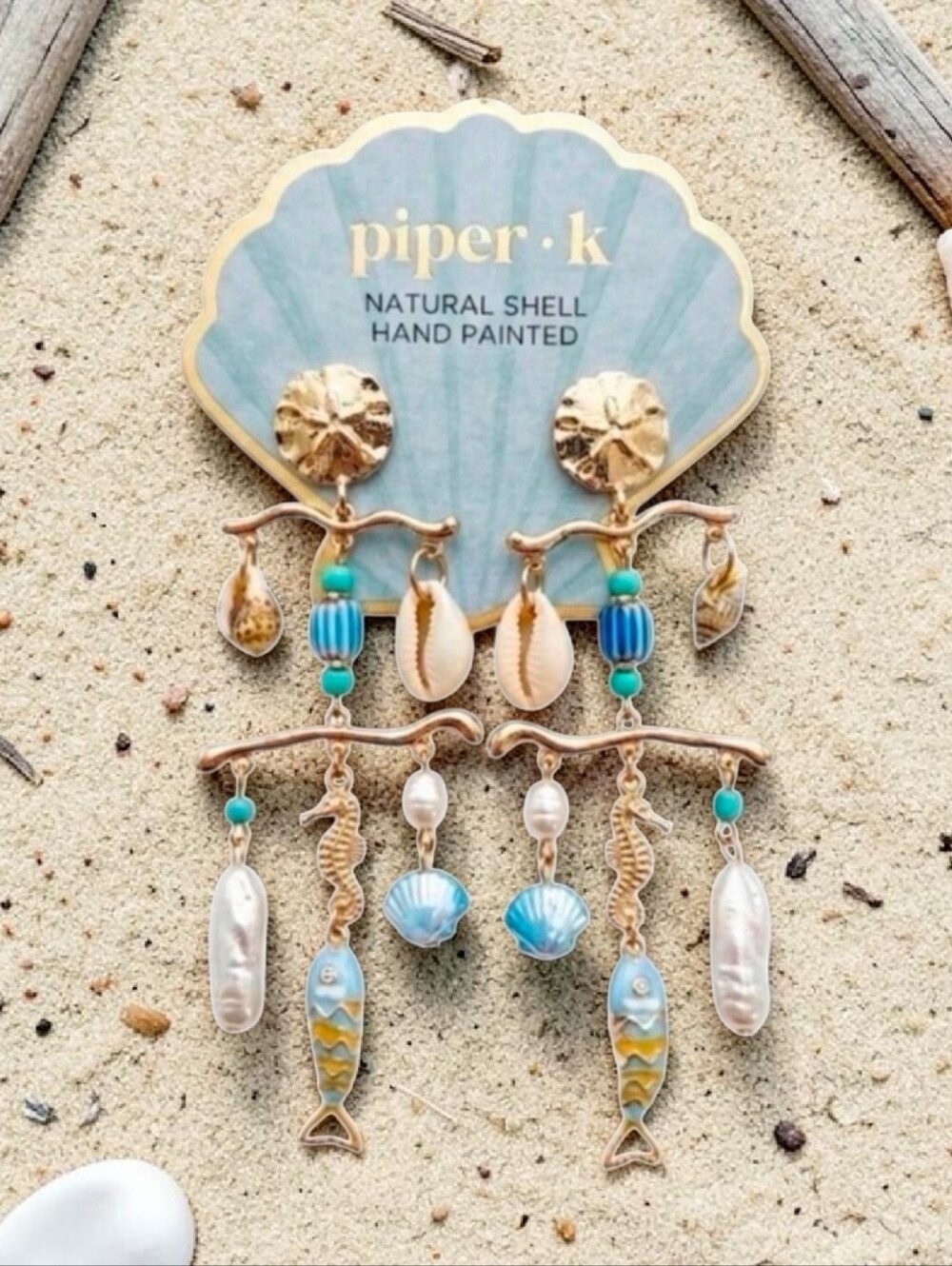 💙▪️piper k ▪️Hand-Painted Natural Shell Drop Chandelier Nautical Fish Earrings